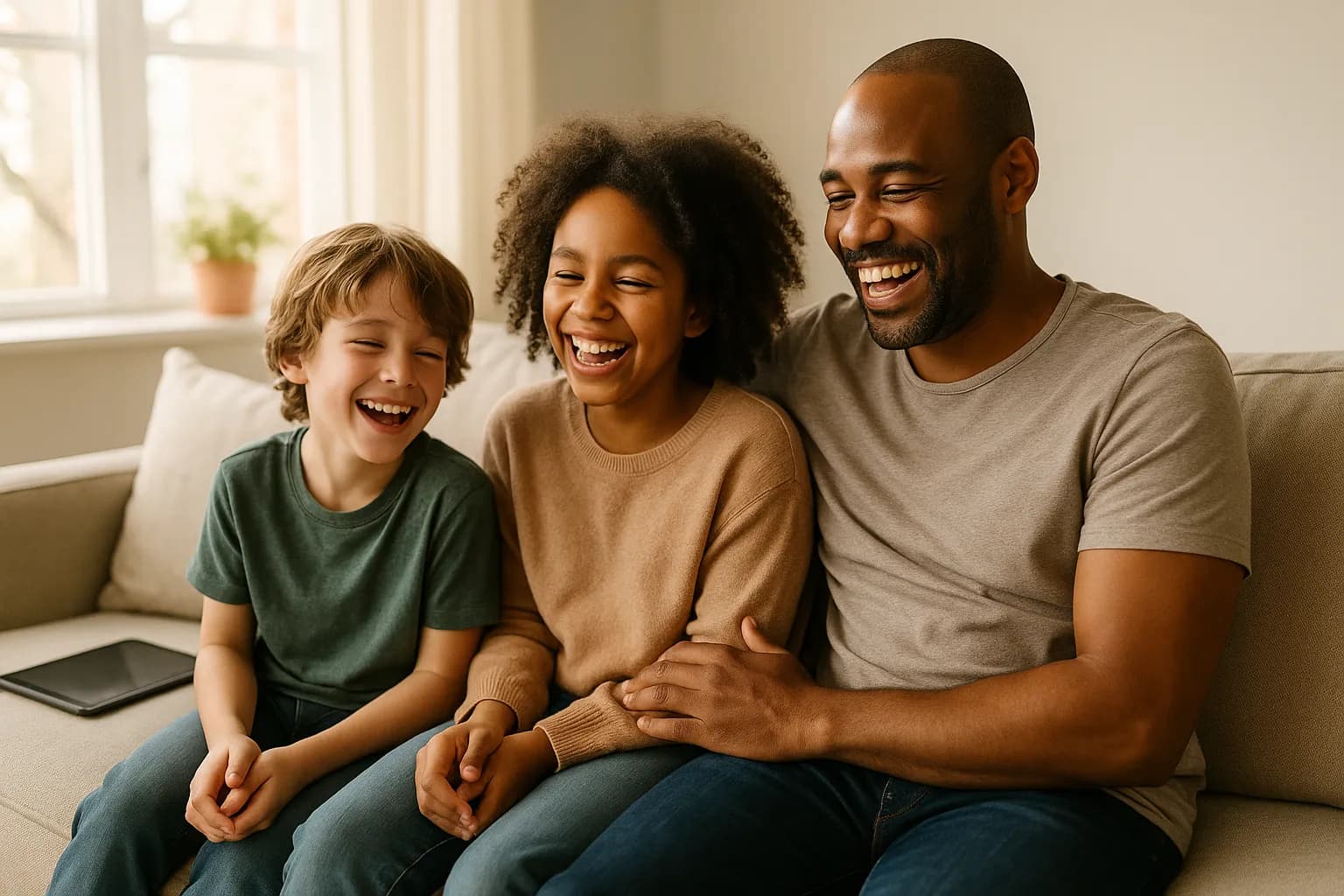 A parent and two kids laughing together on the living-room couch, a tablet set aside