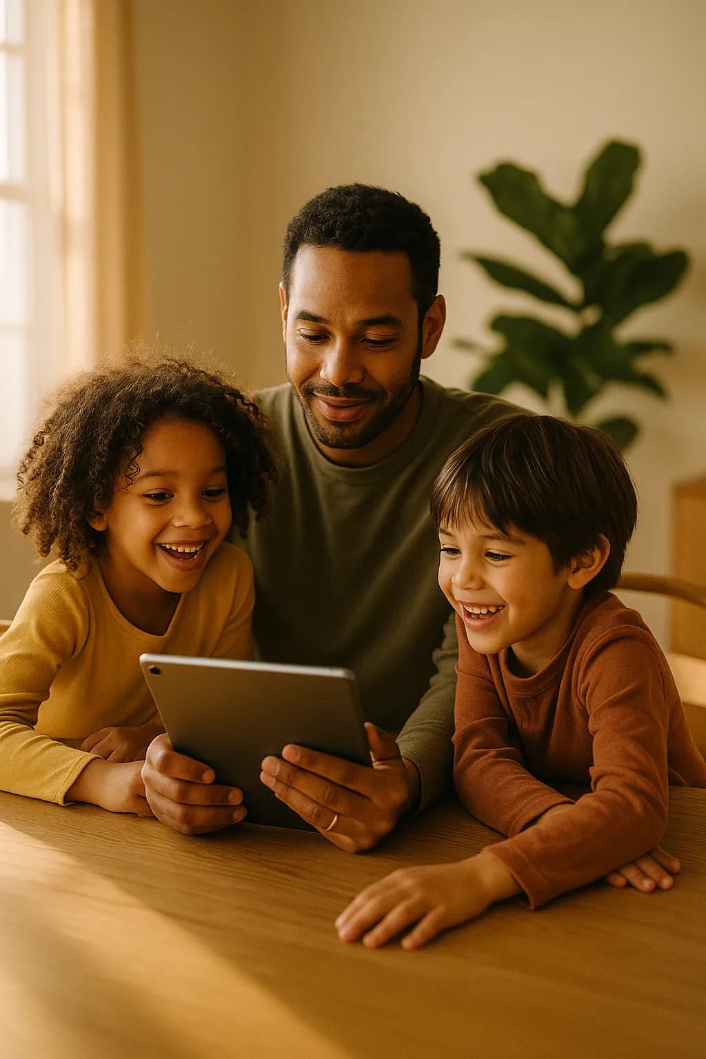 A parent and two kids at the dining table setting up a tablet together