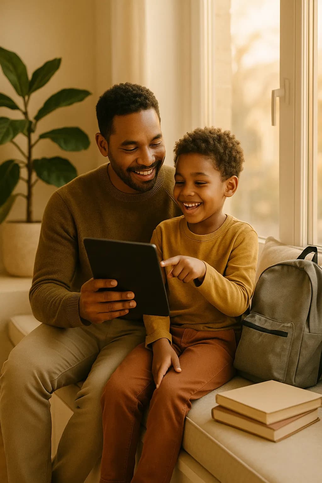 A parent and child planning the day's homework and chores together on a tablet