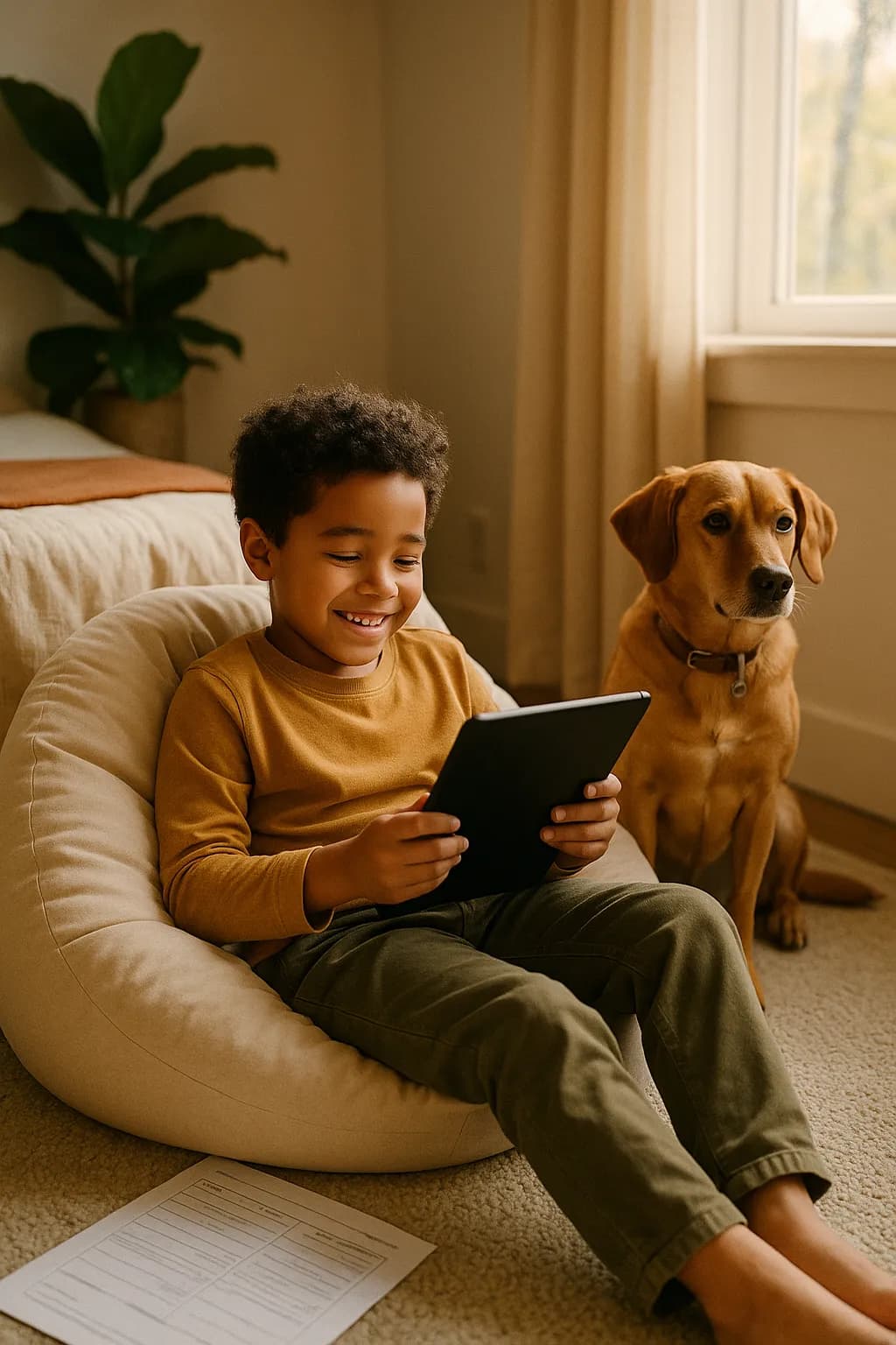 A kid enjoying earned tablet time on a beanbag, homework finished beside them