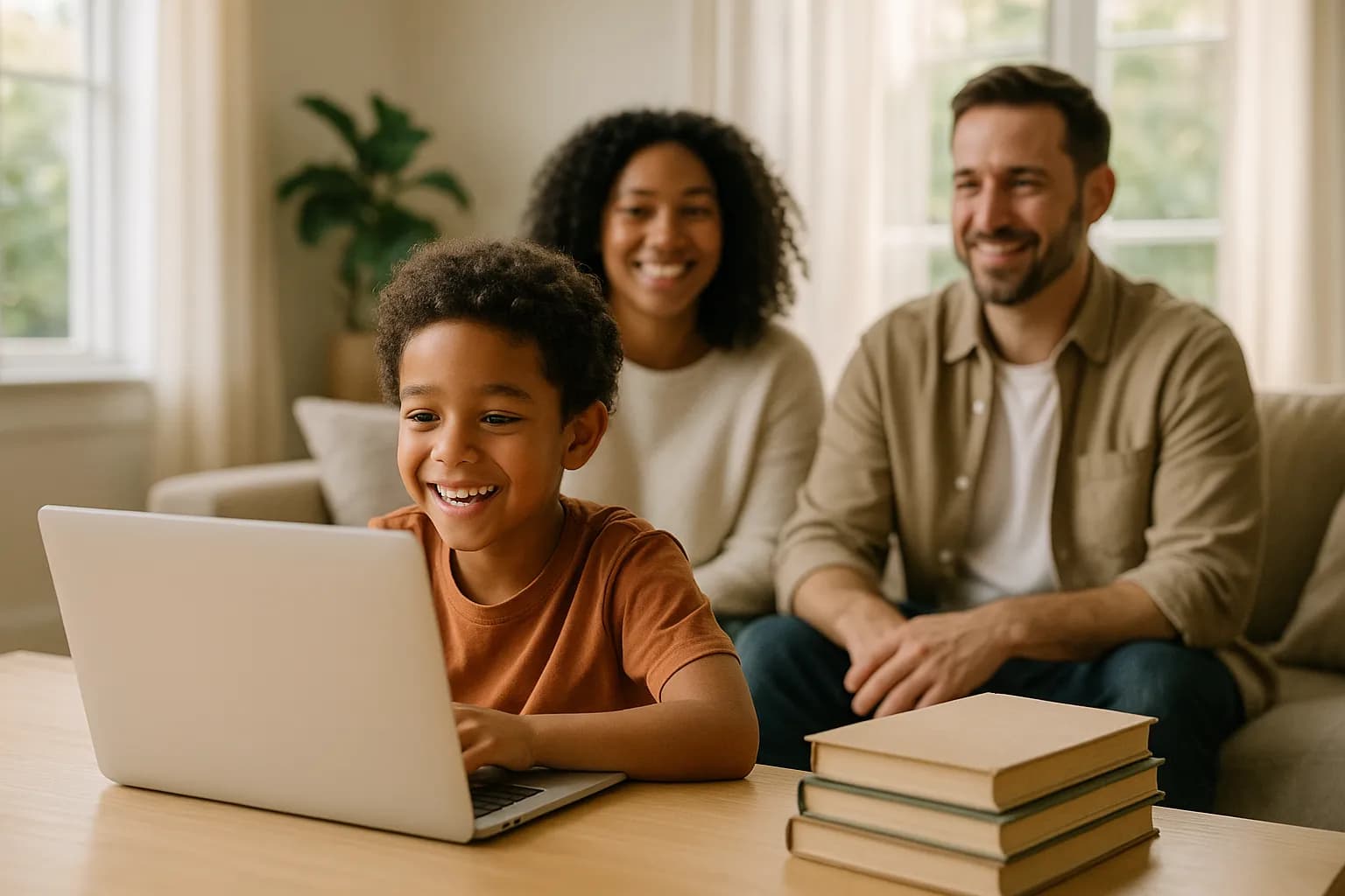 A happy kid using the Rally kids portal on a laptop