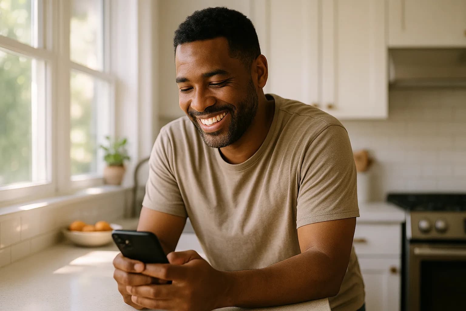 A parent checking the Rally app on a phone in the kitchen