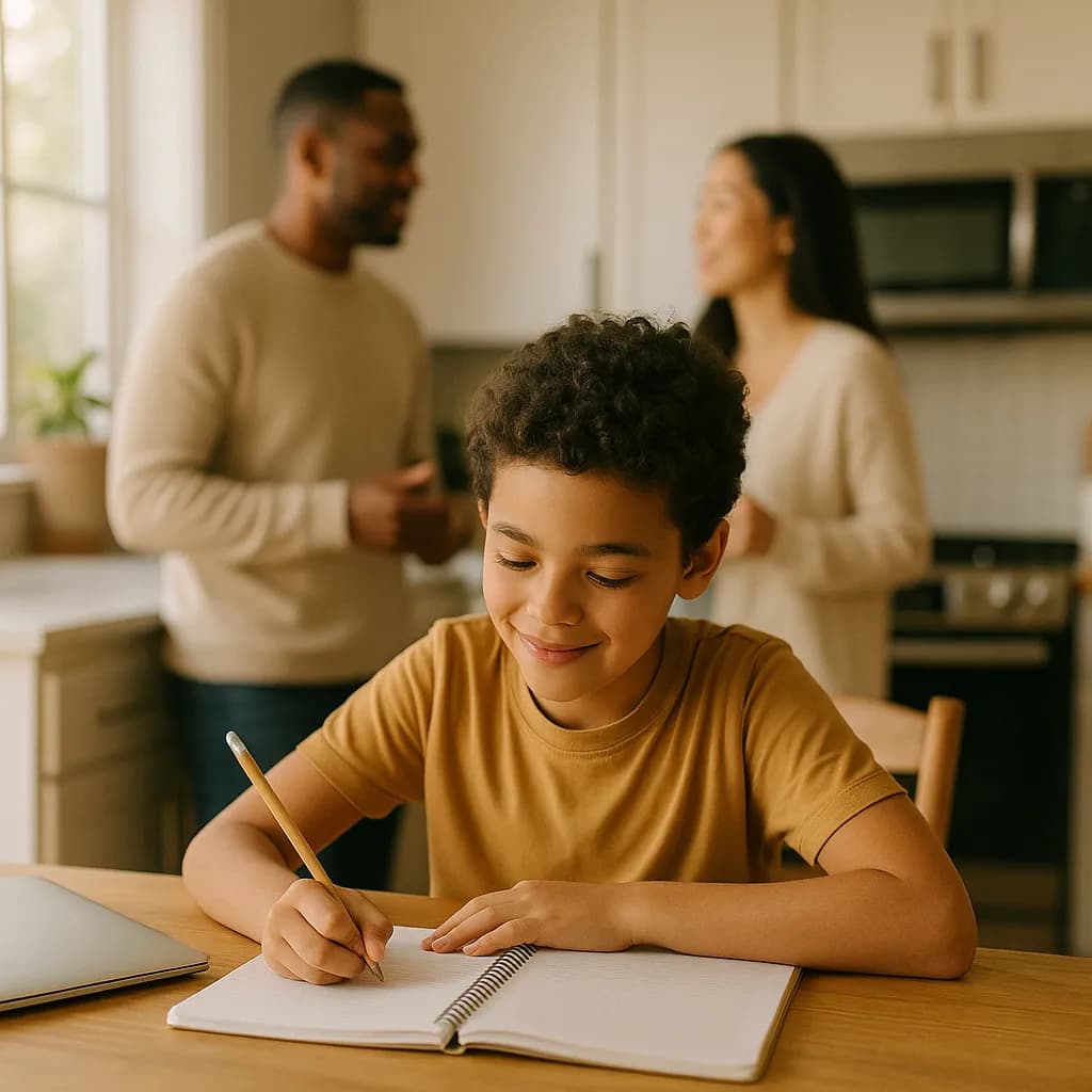 A kid doing homework at the kitchen table while parents chat in the background